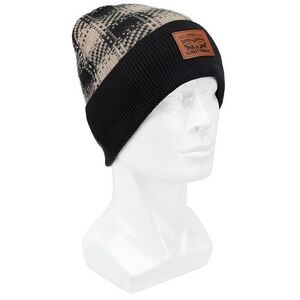 Levi’s Plaid Fleece Lined Beanie Hat Tan/Black Logo Patch NWT